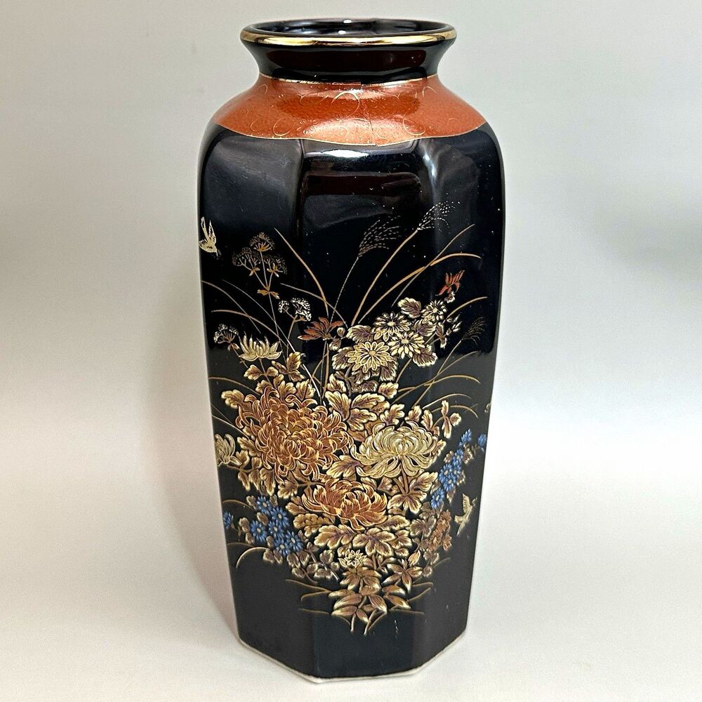 VTG Shibata Japan Black Gold Chrysanthemum Porcelain Vase Octagonal Kiku Floral